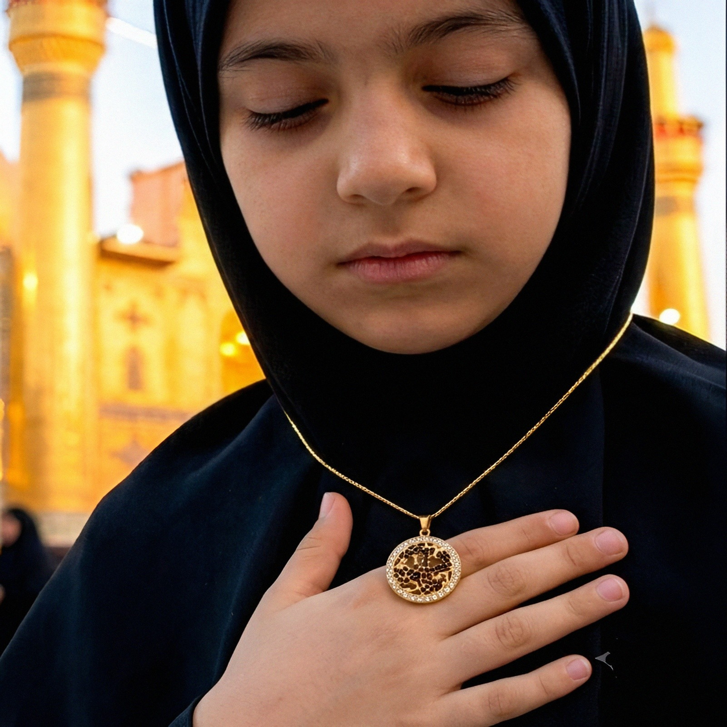 Ya Hussain Round Golden Green Zircon Locket with Chain