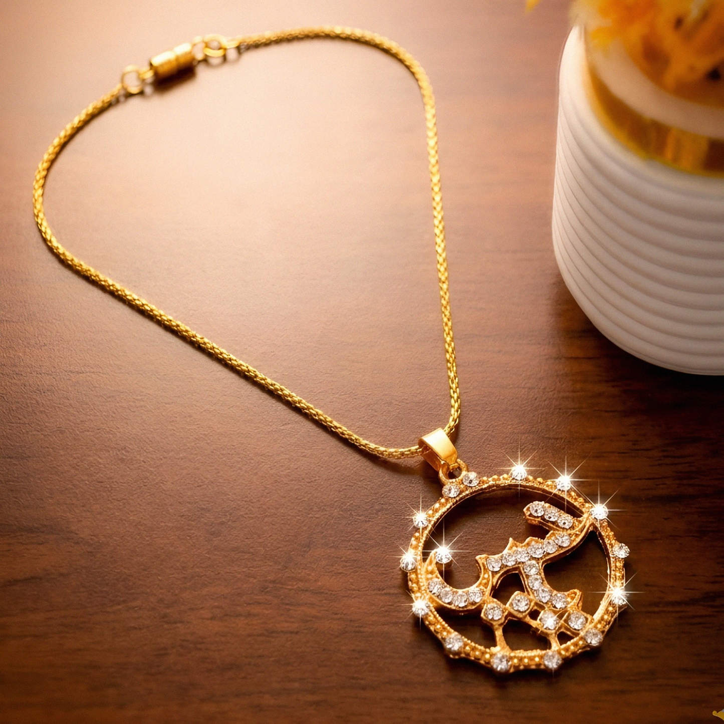 Ya Hussain Round Golden Zircon Locket with Chain