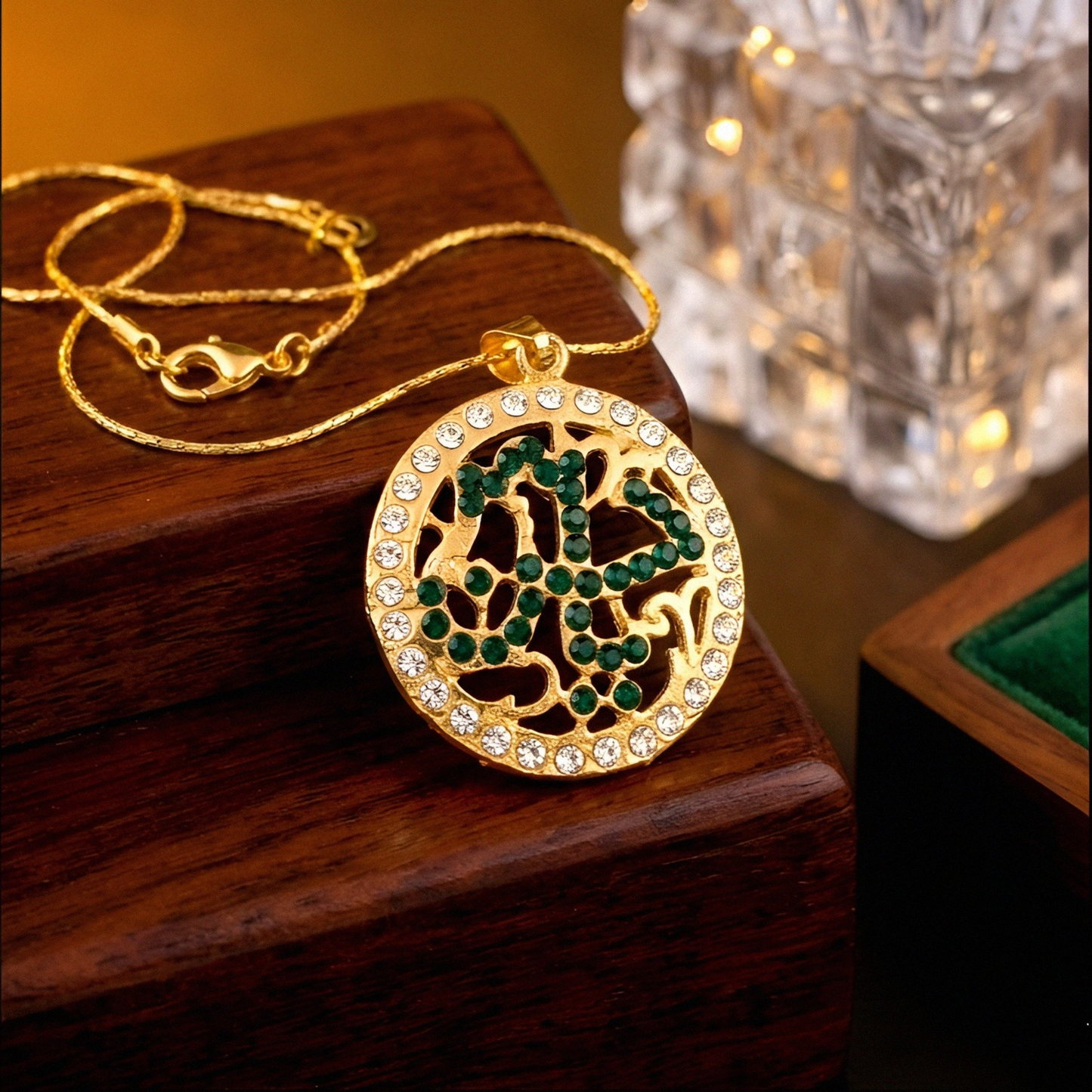 Ya Hussain Round Golden Green Zircon Locket with Chain