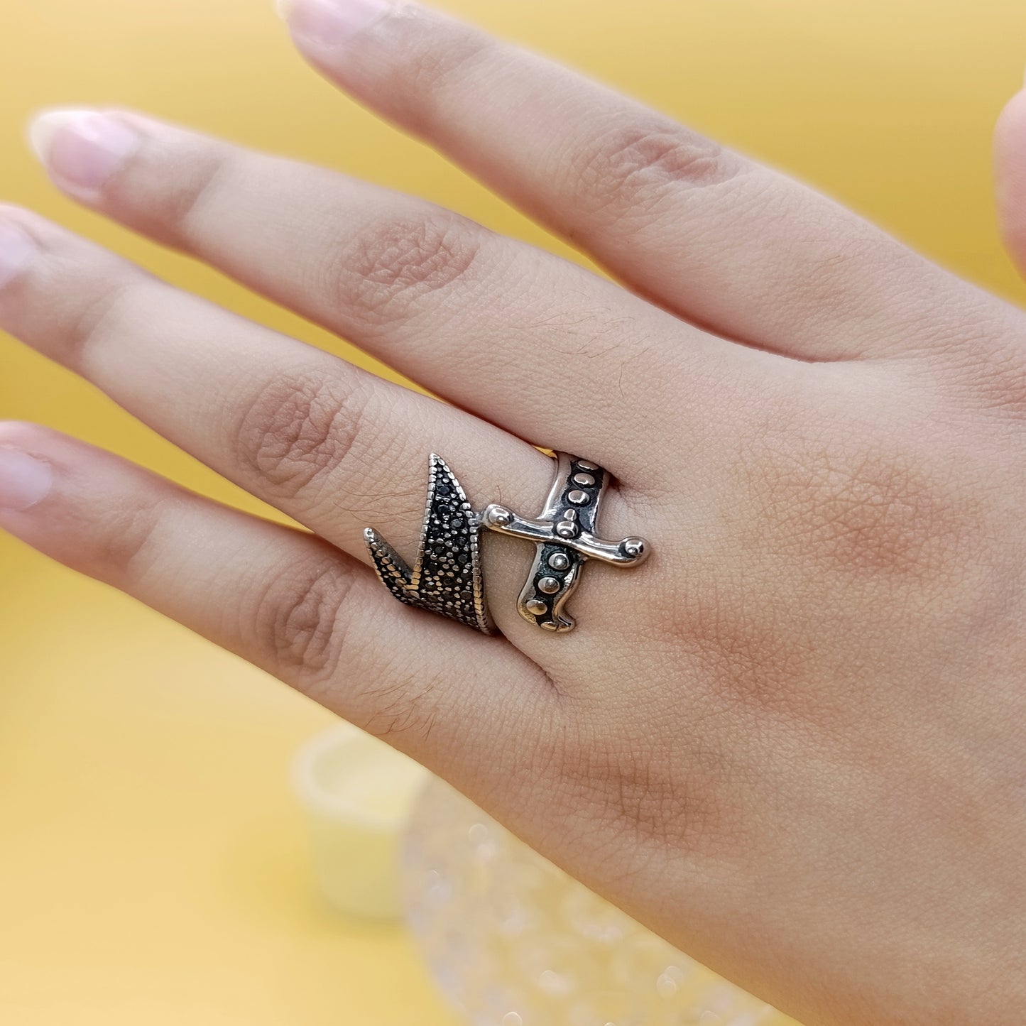 Zulifqar Openable Kara with Black Stones Ring
