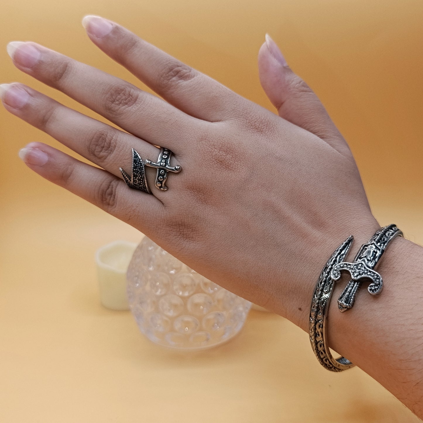 Zulifqar Openable Kara with Black Stones Ring